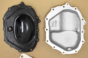 PML Differential Cover Part Number 11120, compared to stock, top view