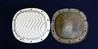 PML Differential Cover Part Number 9401, compared to stock, top view