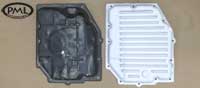 PML Transmission Pan Part Number 11044, compared to stock, top view
