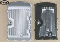 PML Transmission Pan Part Number 11151, compared to stock, top view