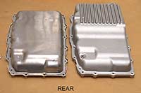 PML Transmission Pan Part Number 11170, compared to stock, top view
