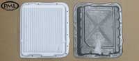 PML Transmission Pan Part Number 9297, compared to stock, top view