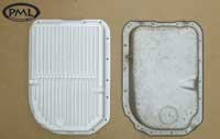 PML Transmission Pan Part Number 9313, compared to stock, top view