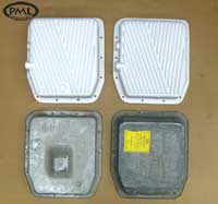 PML Transmission Pan Part Number 9324-1/2 and 9685-1/2 compared to stock, top view
