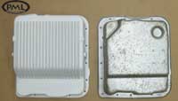 PML Transmission Pan Part Number 9427, compared to stock, top view