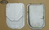 PML Transmission Pan Part Number 9437, compared to stock, top view