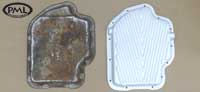 PML Transmission Pan Part Number 9591, compared to stock, top view