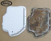 PML Transmission Pan Part Number 9683, compared to stock, top view