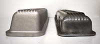 PML cast finish small block Chevrolet valve covers compared to die cast part, end view