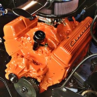 Dart 413 Small Block Chevy engine block, PML valve covers, orange