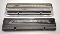 PML polish finish small block Corvette valve covers compared to die cast part, end view
