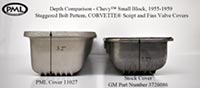 PML cast finish small block Corvette valve covers, 55 to 59 model years, size compared to die cast part