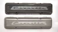 PML cast finish small block 55 to 59 Corvette valve covers compared to die cast part, top view